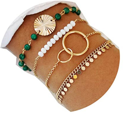 Jovono Lot de 4 bracelets bohème en perles avec cercles dorés et paillettes pour femmes et filles