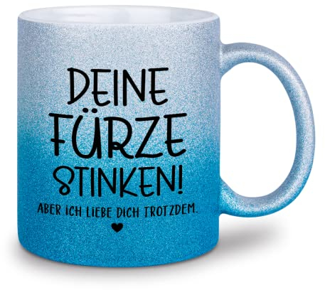 glitzertassen.de® | Deine Fürze stinken | Tasse mit Glitzer | Geschenkidee | Silberblau