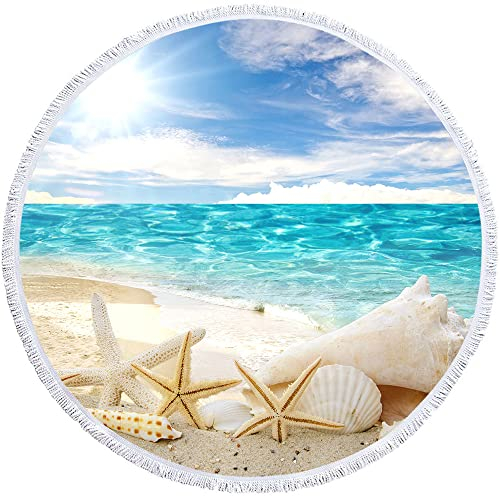 Queenshin Mikrofaser übergroße Strandtuchdecke Schnell Trocknend Sandlos, Große Runde Picknick Yoga Matten Tischdecke 150 cm mit Fransen, Seestern