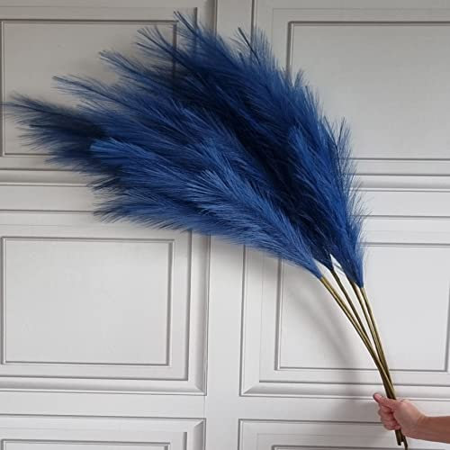 Tige d'herbe de la pampa artificielle - 115 cm de long - Pelucheuse et colorée - Fleur séchée - Décoration (bleu marine)