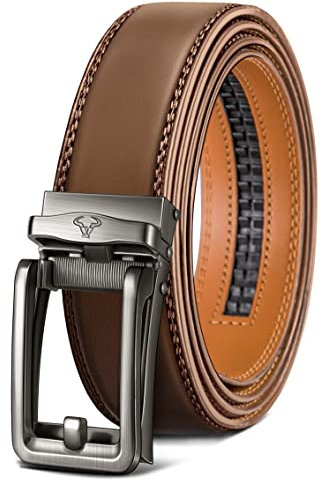 BULLIANT Gürtel Herren, Ledergürtel Herren Gürtel Ratsche Automatik Schnalle für Anzug und Freizeit 35mm,Größe Angepasst(Tawny-115cm/32-38 taille verstellbar)