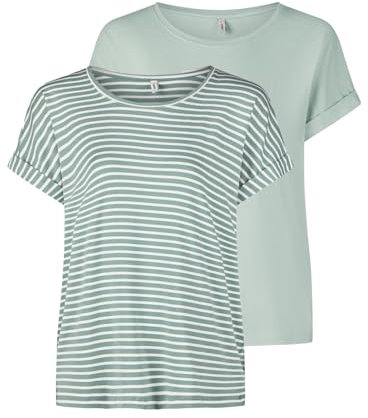 ONLY Tshirt Damen Bluse Top ONLMOSTER 2er Pack Regular Fit Rundhals Basic Kurzarm Shirt Streifen, Größe:S, Farbe:Jadeite w/cd Stripes