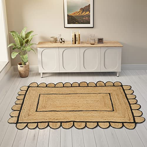 GRUHUM Gebogener Jute-Teppich, 60 x 90 cm, natürliche Basis, schwarzer Rand, rechteckig, handgewebt, Boho, wendbar, weich, geflochten, Bauernhaus, rustikaler Teppich, für drinnen und draußen,