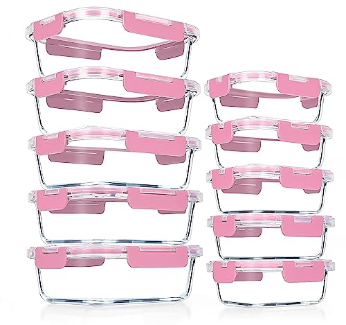 VERONES Lot de 10 récipients hermétiques en verre pour préparation de repas, boîtes empilables en verre avec couvercles, sans BPA, passent au micro-ondes, four, congélateur et au lave-vaisselle, rose