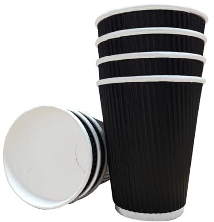 Take Away Supplies LTD Black Ripple 3 Ply Disposable Insulated Paper Cups for Tea Coffee Cappuccino Hot Drinks (500, 16oz)
