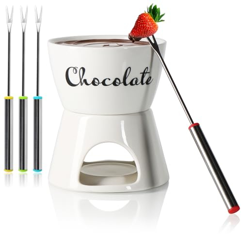 com-four® Schokoladenfondue-Set mit Schriftzug - Schmelztopf für Schokolade und Käse - Keramikschale mit Teelichthalter und 4 Gabeln - Schmelztiegel-Dipschale für 4 Personen (weiß - Schriftzug)