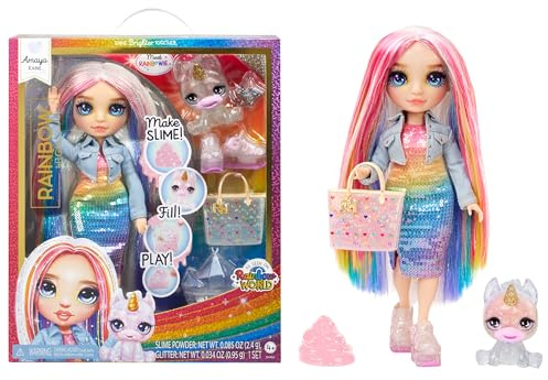 Rainbow High Amaya, Regenbogen mit Schleim und Haustier, glitzernde Modepuppe, 27,9 cm (11 Zoll) mit glitzerndem Schleim, magisches Yeti-Haustier, lustiges Spielzubehör, tolles Spielzeuggeschenk für