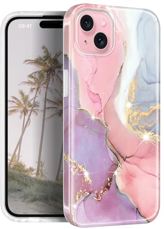 JIAXIUFEN Handyhülle für iPhone 15 Hülle TPU Silikon Schutzhülle Handytasche Handy Hülle für iPhone 15 2023 Marmor Pink Purple