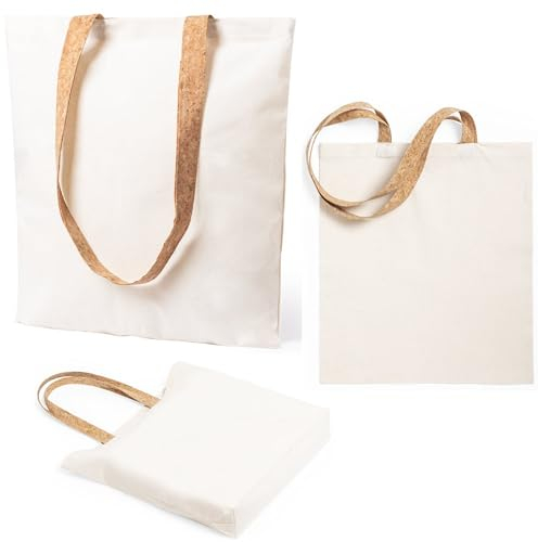 noTrash2003 3er Set Stoffbeutel unbedruckt mit langen Korkhenkeln 100% Baumwolltasche B37 x H41 cm Tragetasche Canvas 180 g/m2 Jutebeutel - Einkaufstasche Lange Henkel 70cm aus Kork- Einkaufsbeutel