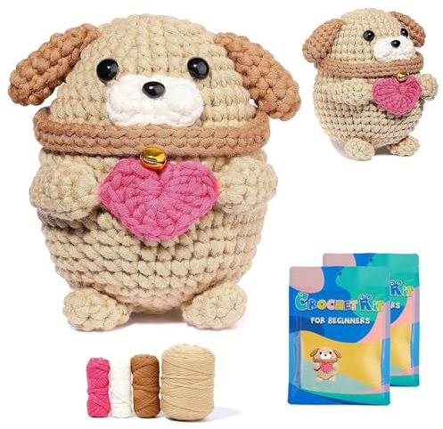 Tier Hund Häkelpaket,Komplett Häkelset für Anfänger Tiere,Häckeln Stricken für Anfänger Set mit Häkelnadeln Garn, Anfänger Häkel Strick Starter Kit, Strickset Bastelset für Erwachsene Kinder Geschenk