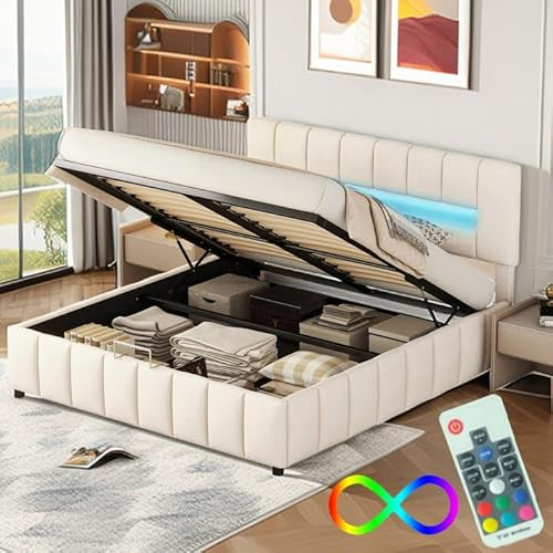 Lit Double 180x200 cm, lit capitonné, lit Familial, Cadre de lit Moderne avec éclairage LED et rangements, Beige(Matelas Non Inclus)