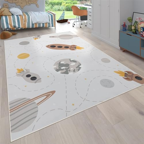Paco Home Teppich Kinderzimmer Kinderteppich rutschfest Junge Mädchen Baby Spielteppich Rakete Planet Sterne Modern Waschbar Beige Braun Gelb, Grösse:160x220 cm
