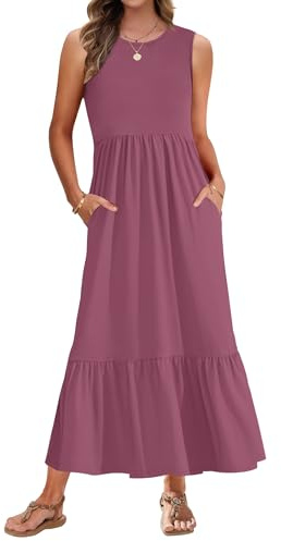 AUSELILY Sommerkleid Damen Lang Ärmelloses Maxikleid Damen Sommer Strandkleid Lange Rundhals Tank Top Kleider Leicht und Luftig mit Taschen Elastischer Taille Mauve S