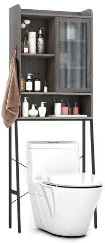 COSTWAY Meuble WC Au-Dessus de Toilettes avec Porte Vitrée Coulissante, Meuble de Rangement Moderne Cadre en Métal, 2 Crochets, Étagères Réglables, 29 x 63 x 170 cm, Coleur Bois