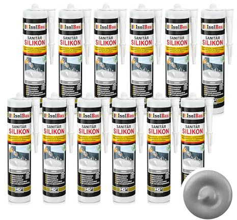 Isolbau Sanitär Silikon 12 x 300 ml Grau - Hochelastischer Silikon-Dichtstoff für Abdichtungen & Fugen - wasserdicht - Kartusche
