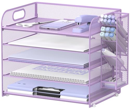 SUPEASY Schreibtisch-Organizer mit 5 Ebenen, mit Griff und abnehmbaren Stifthaltern, Papier-/Akten-Organizer aus Netzgewebe für den Schreibtisch, Briefablage und Organizer für Bürobedarf, Lila