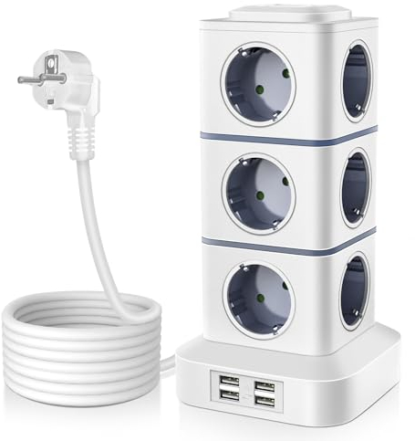 OLEKE Regleta Vertical Enchufes 2500W/10A Regleta Enchufe con 12 Tomas Corrientes y 4 Rápida USB Tomas Torre Regletas Enchufes con Cable 3 Metro Protección de Sobrecarga Inteligente para Casa