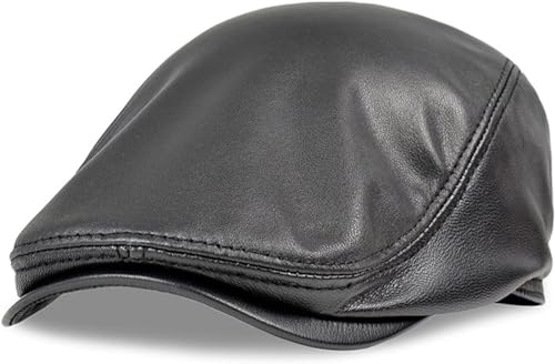 Herren Echtleder Baseball Cap Leder Baskenmütze Newsboy Schwarze Caps Hüte(55-56cm(21.65-22 in))