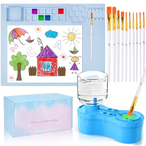 Painting Station, Silicone Painting Mat and Paint Brush Cleaner, 20X16 Silicone Art Mat with 10 Paint Brushes, Paint Brush Rinser, Art Painting Supplies Set (Blue)