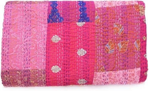 Couvre-lit Khambadiya Kantha fait à la main - Patchwork brodé à la main - Taille king / Twin - Décoration d'intérieur - Rose - 127 x 177,8 cm