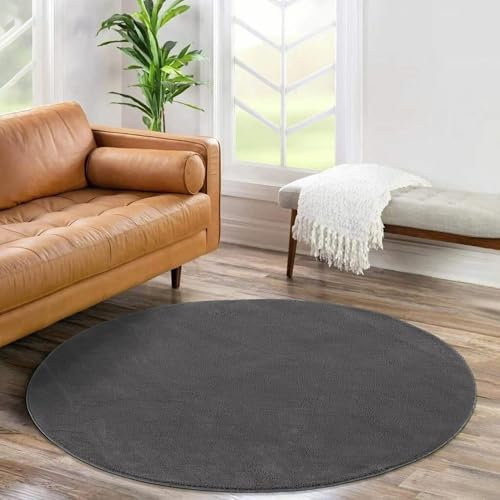 Jimri Flauschiger Teppich Läufer - Hochwertiger Kurzflor für Zuhause, Büro, Küche, Eingang, Flur, Wohnzimmer - Maschinenwaschbar - Rutschfester Teppich Waschbar - 120 cm Rund - Anthrazit