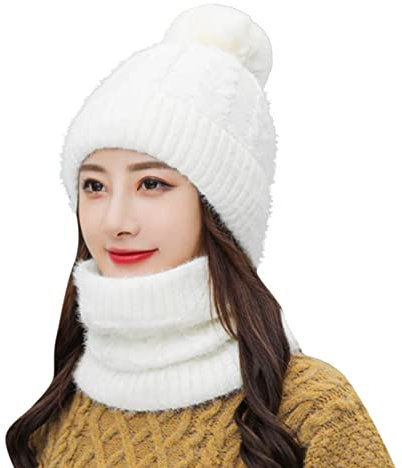 LTWOTEJNG Mütze Schal & Handschuh-Sets Für Damen Gestrickt Fleece Bommel Touchscreen Handschuhe Set Strickhandschuhe Frauen Damen Geschenk Winterzubehör
