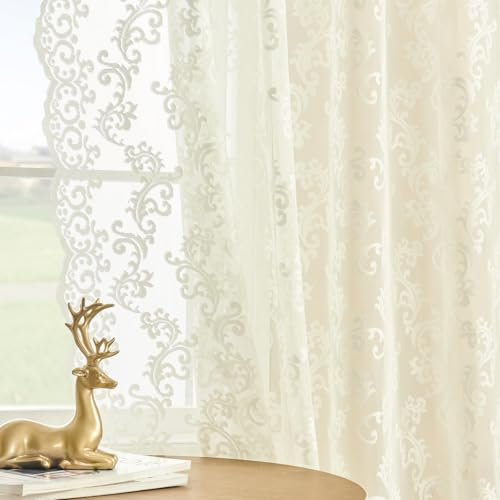 Ivory Lace Curtains 54 Inch Length 2 Panels Paisley Floral Curtains for Living Room Girls Bedroom Rod Pocket Light Filtering Sheer Curtains for Small Window Decor Neutral Drapes Basement, 52x54