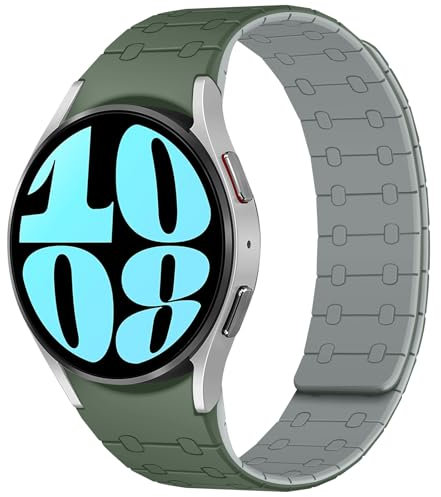 Amizee Compatible con Samsung Galaxy Watch 7 6 5 4 FE Cinturino 40mm 44mm/Watch 6 Classic 43mm 47mm/Watch 5 Pro 45mm/Watch 4 Classic, 20mm Cinturini Magnetico Silicone per Men, Verde/Grigio-M