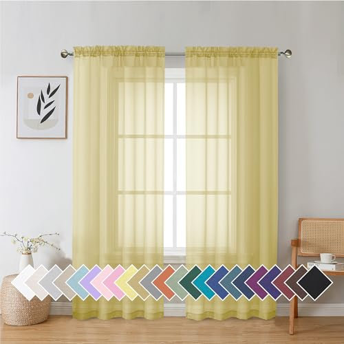 Aiyufeng Gelbe durchsichtige Vorhänge, 183 cm lang, 2 Paneele, halbtransparent, Voile, Stangentasche, durchsichtige Fenstervorhänge für Schlafzimmer, Bett, Baldachin, Wohnzimmer, Esszimmer, Hochzeit,