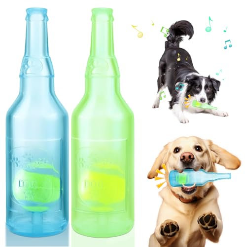 Dog Chew Toys, Squeaky Dog Toys with Tennis Ball Indestructible Bottle Puppy Toys for Small Medium Large Dog Outdoor Playing Training Chewing Dental Care Teeth Nteractive (Blue & Green, Small)
