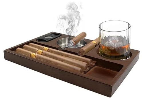Posacenere per sigari posacenere in legno con tagliabigari porta sigari e supporto per whisky 3 fessure per sigari, accessori pesanti per sigari, per casa, ufficio ed esterni