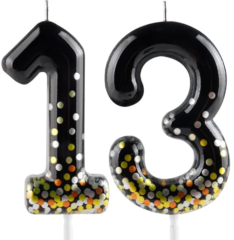 Hongplus Black Gold Confetti Number 13 Birthday Candle Cake Candles, Candles for Cake, Happy 13 Birthday Candles Topper Decorations for Girls Boys Birthday Anniversary Wedding Party