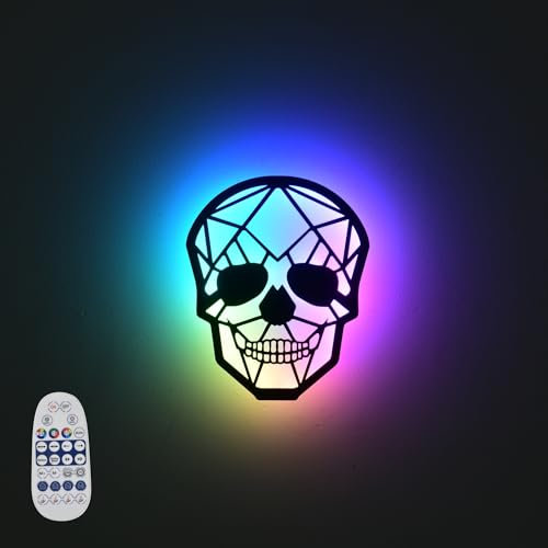 Bammare Totenkopf Wandlampe mit App und Fernbedienung, Cooles RGB Totenkopf Nachtlicht mit musikalischem Rhythmus und Timing, Batteriebetrieb Led Totenkopf Deko Wandlampe für Spielzimmer, Party