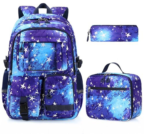 Amythe Schulrucksack Mädchen 3er-Set, Große Rucksack Teenager Mädchen Schultasche 3. - 9. Klasse, Wasserdicht Ranzen Kinder School Bag für Schule Reisen, Marineblau