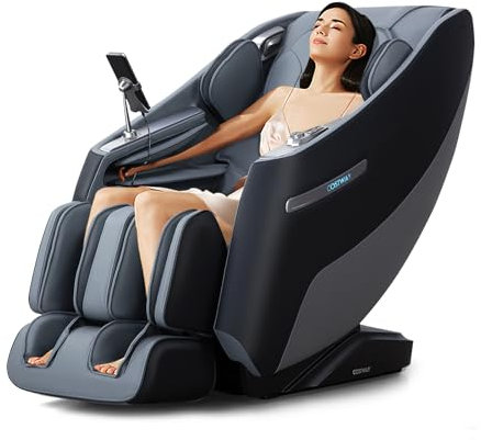 RELAX4LIFE Elektrischer Massagesessel für Ganzkörper, Zero Gravity SL-Schienen-Massageliege mit 12 Automatik-Modi, Massagestuhl mit Luftdruckmassage/Rückenheizung/Fußrollen/Bluetooth (Schwarz + Grau)