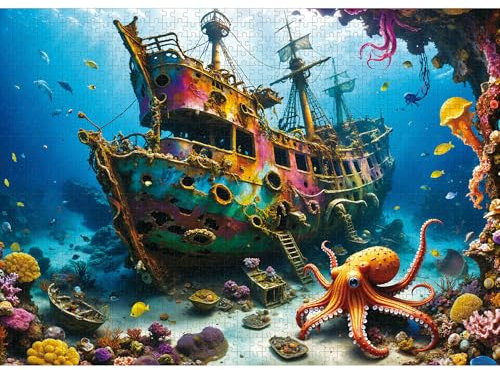 lamplig Puzzles for Adults 1000 Pieces - Octopus Pirate Ship Ocean Sea - 1000 Piece Puzzles with Letters on Back - Jigsaw Puzzles 1000 Pieces for Fun Game Nights - 27.6 L X 20.5 W, 1:1 Poster