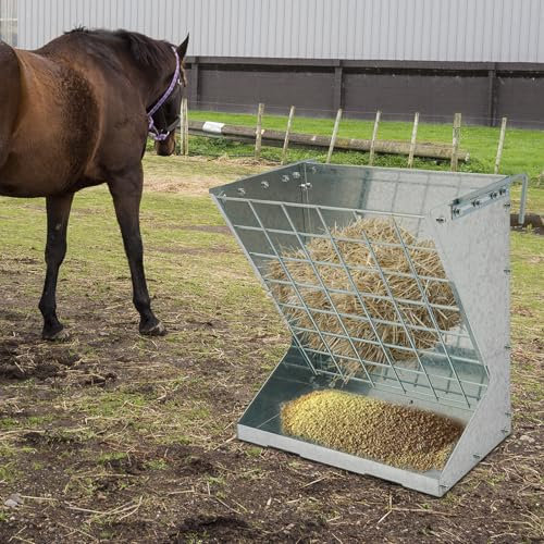 Große Heuraufe Vieh - Hängende Futterraufe aus Stahl (56x33x60 cm) | Heavy-Duty Futterstation mit Futterspargitter und Haken für Ziegen, Schafe & Pferde - 2 in 1 Hay & Grain/Salt Feeder (Silber)