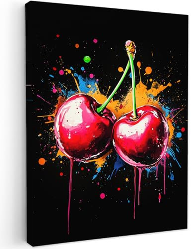 MuchoWow© Impression sur Toile Photo Peinture 30x40 cm Tableau Decoration Murale Chambre Salon Maison Deco Cuisine Cerises - Fruit - Graffiti - Peinture - Abstrait - Moderne - Coloré