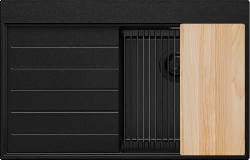 PRIMAGRAN Spülbecken ab 45er Unterschrank + Ablauf-Set, 78x50cm | Set: Ablauf-Set (Siphon, Ablaufgarnitur, Überlauf) + Granitspüle 1 Becken - Sydney Ergo, Alles Schwarz