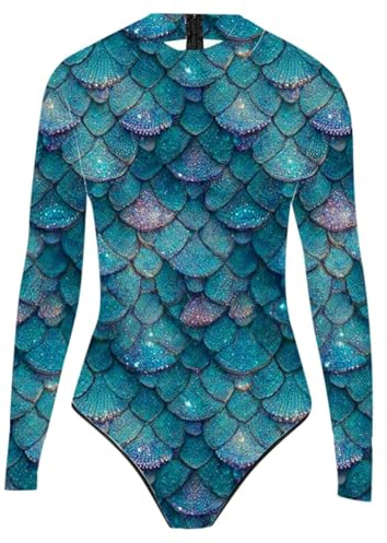 Nlaayong Damen Meerjungfrau Badeanzug Bademode Fisch Schuppen Print Langarm Body Tops Sexy Jumpsuit Auffällig,Kostüm Meerjungfrau