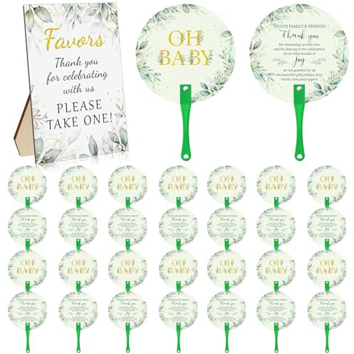 YXSJAS 30 Pcs Baby Shower Plastic Hand Fans Bulk with 1 Table Sign Glitter OH Baby Round Plastic Fans for Baby Shower Guests Double Sided Handheld Fans Set Baby Shower Party Favors for Guests