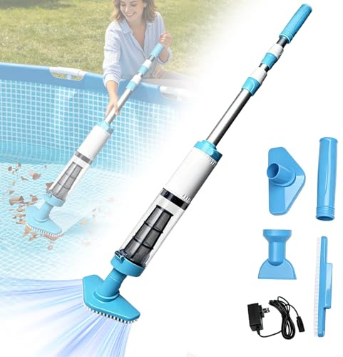3 en 1 Limpiafondos para Piscina Inalámbrica con Mango Telescópico Aspirador Bateria Recargable Portátil Piscinas Fondos para SPA Eliminar Arena y Residuos,Tiempo de Ejecución 90 Minutos