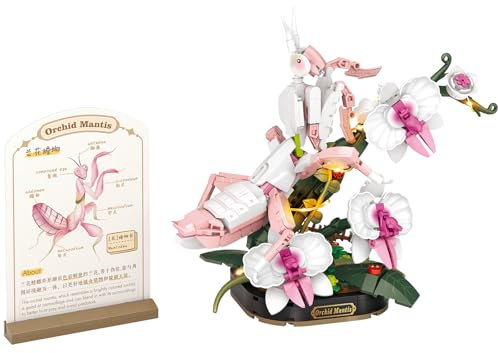 MEIEST Set di blocchi da costruzione di fiori di insetti, giocattolo colorato con biglietto di divulgazione scientifica, decorazione creativa per la casa (mantide orchidea)