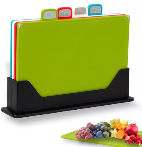 Premium 4-Piece Index Chopping Board Set – Colour-Coded Cutting Boards with Non-Slip Base & Holder – BPA-Free Plastic Kitchen Boards for Safe Food Preparation
