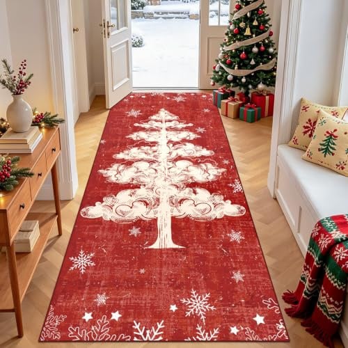 TUKDAK Rot Weihnachtsteppich Läufer 80x200cm Waschbar rutschfest Vintage | Kurzflor Lang Teppich Läufer Weihnachten, Baum Küchenläufer Weihnachten, Küchenteppich, Teppichläufer Schlafzimmer Wohnzimmer