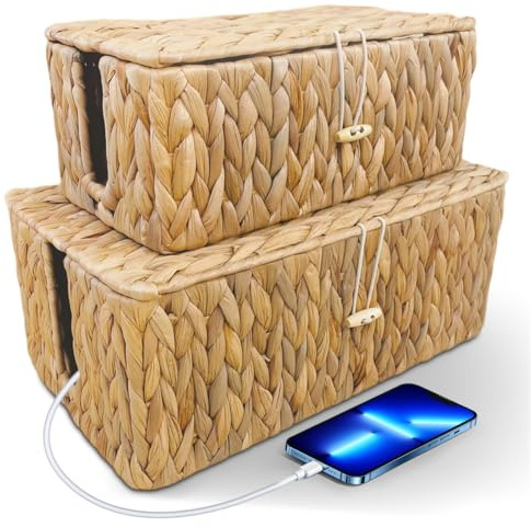 Piashow 2 Stück Kabelbox, Bambus Kabel Box, Handgemachte Rattan Kabelmanagement Box mit Abdeckung, Kabel Organizer mit Seitlicher Öffnung zum Verstecken von Kabeln