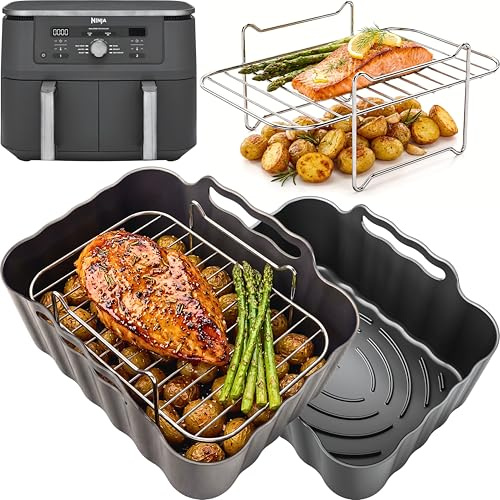 Ninja DZ400UK Dual Zone Accessories | Original™ Convex Base Liners & Racks | Fits the Ninja DZ400UK 9.5L Dual Zone air fryer. 2 platinum silicone liners, 2 stainless steel racks and 4 skewers.