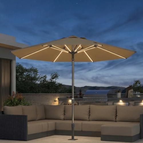 PURPLE LEAF Parasol Balcon avec LED 300 cm Rond Beige Semi-Automatique | Parasol de Jardin Extérieur, Ambiance chaleureuse le soir, Aluminium, Anti-Vent et Rouille, Éclairage longue durée, Balcon