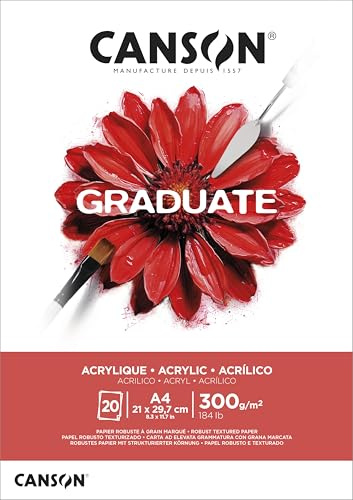 Canson Graduate Acryl-Papier, Vlies, 300 g/m², geleimter Notizblock, kurze Seite, A4 (21 x 29,7 cm), Weiß, 20 Blatt