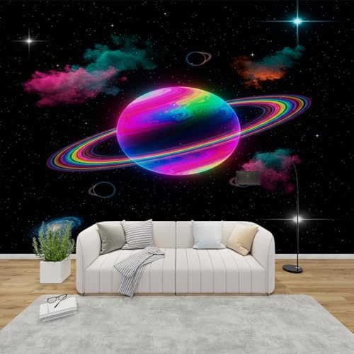 AevuCub Tapete Planet, Fototapete Neon Galaxie Schlafzimmer, Tapeten Vliestapete Kinder Jungen Wohnzimmer, Wandtapete Kinderzimmer Bunt Weltraum Mustertapete Vlies 200 x 140 cm (B x H)